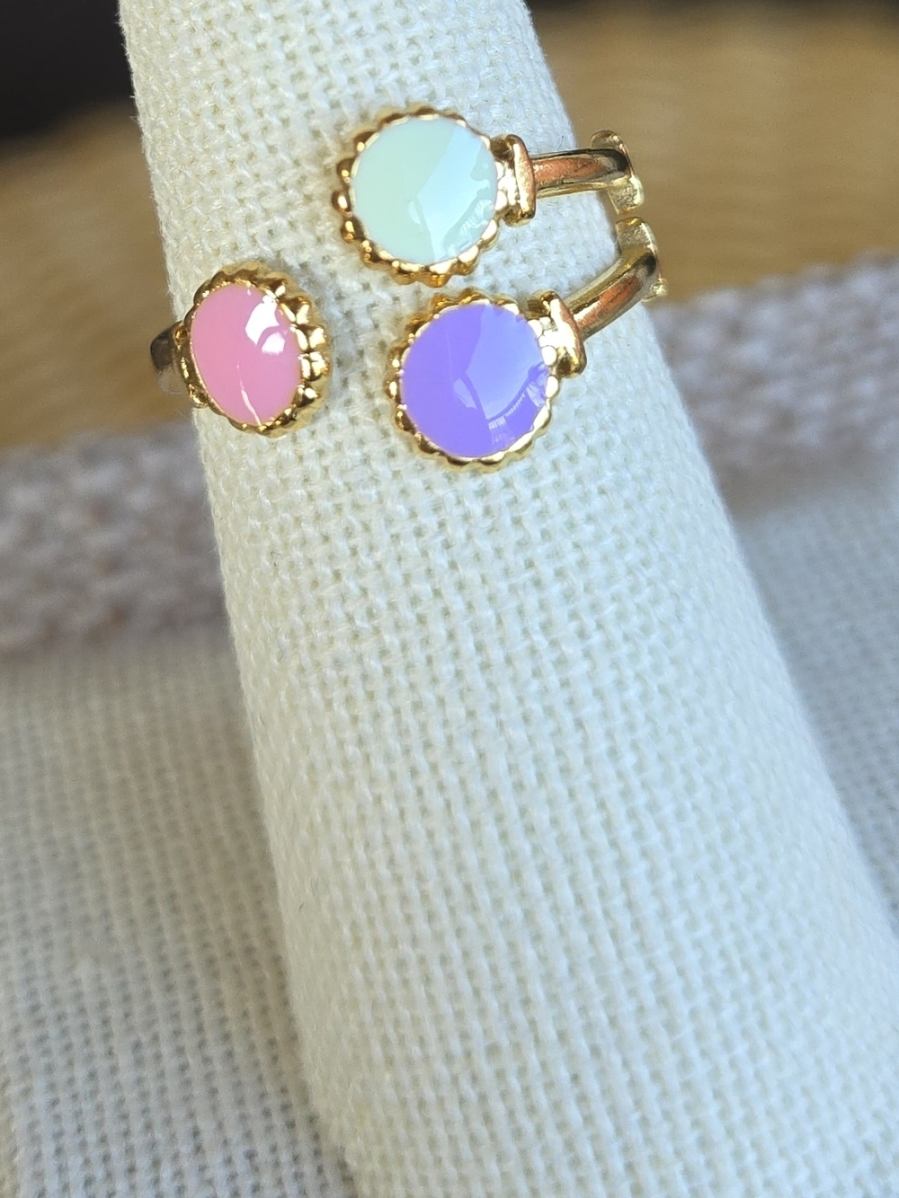 NWOT Gold-Tone Adjustable Trio Cabochon Ring — Pink, Mint & Purple